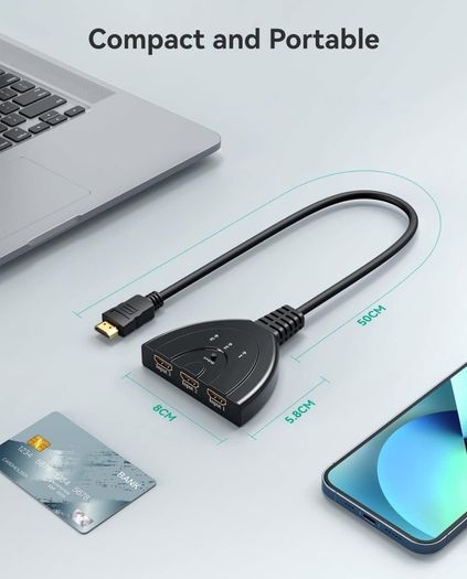 HDMI Switch, Gold Plated 3-Port HDMI Switcher/HDMI Splitter/Supports Full HD1080p/3D with High Speed Cable
