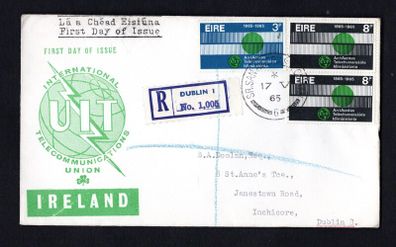 1965 Ireland Centenary International Telecommunications Union Commemorative Stamp Illustrated First Day Cover (FDC) with Sraid San Aindrias (Saint Andrew Street Dublin) steele cancel with Dublin 1005 registered label