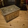 Vintage Embossed Brass Coal, Turf, Wood Storage Chest, Tavern Scene Image 3