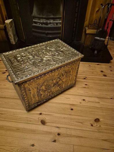 Vintage Embossed Brass Coal, Turf, Wood Storage Chest, Tavern Scene