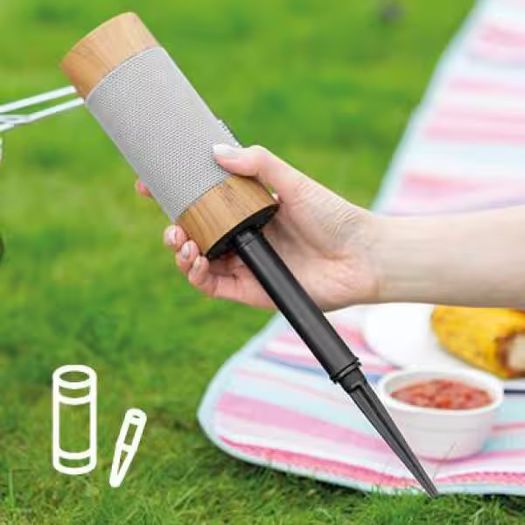 KitSound KS DIGGIT Diggit Outdoor Freestanding Bluetooth Garden Speaker with Removable Stake, Silver/Wood (New)