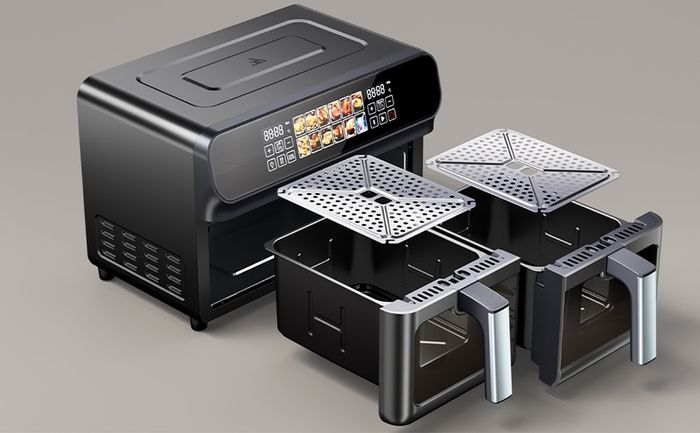 EUARY dual basket  Air Fryer 9L Oil Free 2 Compartments XXL 2800 W Large Capacity, 2 Air Fryer Bins, 12 Cooking Programs, Touch Screen, Appointment Function