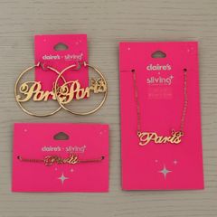Claires X Sliving by Paris Hilton Paris Themed Gold Earrings, Necklace and Bracelet