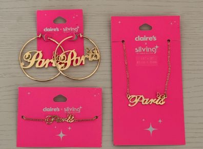 Claires X Sliving by Paris Hilton Paris Themed Gold Earrings, Necklace and Bracelet