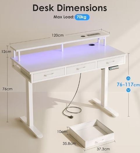 Electric Standing Desk, 120 x 54cm Height Adjustable Desk with 3 Drawers, RGB LED Strip & Charging Station for Home Office Computer Workstation, Computer Table with Monitor Stand, White