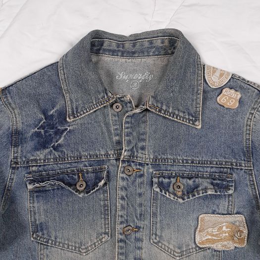 Superfly Patched Distressed Blue Denim Trucker Jacket Size L
