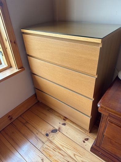 Malm four drawer dresser with glass top