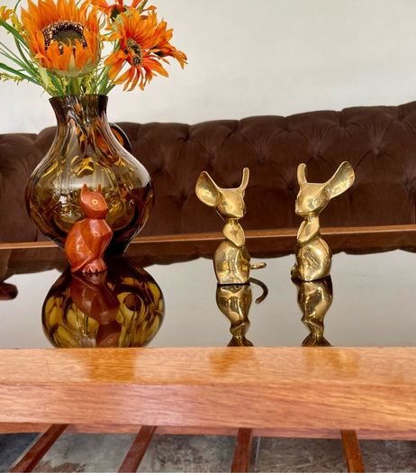 Two Vintage Stylised Big Eared Brass Mouse Figurines Brass Mice Ornaments 1970s