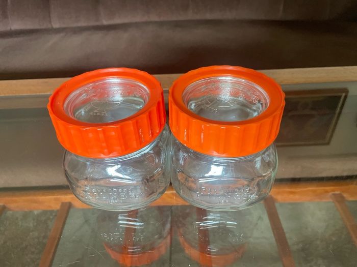Pair Vintage 500ml 1970s Ravenhead Glass Kilner Jars With Orange Screw Lids