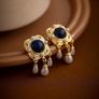 Vintage Style Blue Stone Faux Pearl Drop Gold Earrings Image 4