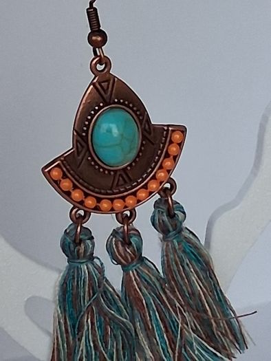 Antique Copper Turquoise Fan Tassel Earrings