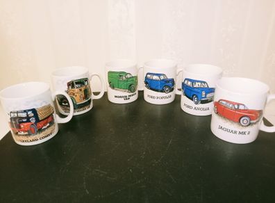 collection of six automotive mugs