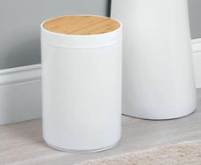 Swing Lid Bathroom Bin - Bamboo and Plastic Rubbish Bin for Bathroom - Small Trash Can - Bamboo and White