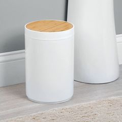 Swing Lid Bathroom Bin - Bamboo and Plastic Rubbish Bin for Bathroom - Small Trash Can - Bamboo and White