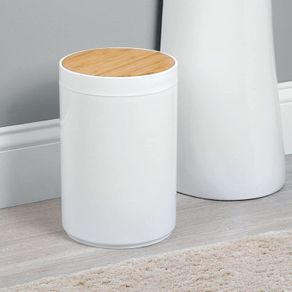 Swing Lid Bathroom Bin - Bamboo and Plastic Rubbish Bin for Bathroom - Small Trash Can - Bamboo and White