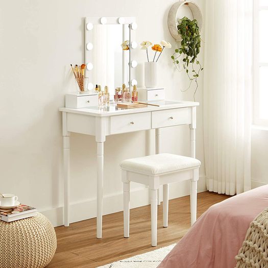 _dressing table, dressing table set, padded stool and 10 dimmable light bulbs, 2 large and 2 small drawers, transparent table top made of tempered glass, gift idea, white