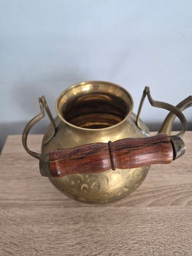 Vintage Etched Brass Teapot with Wooden Handle, Decorative Gold Teapot