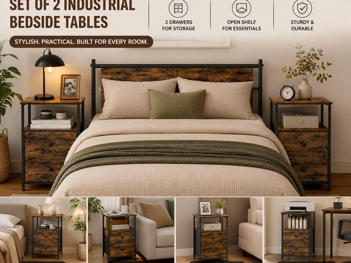 Set of 2 Industrial Bedside Tables with Drawers and Open Storage