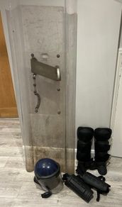 1990s Royal Ulster Constabulary (RUC) Riot Gear Shield, Helmet & Leg Protectors