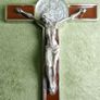 Vintage Religious Large metal and brown enamel Cross Christus Corpus Crucifix INRI and St Benedict charm, St Benedictus Cross pendant charm Image 3
