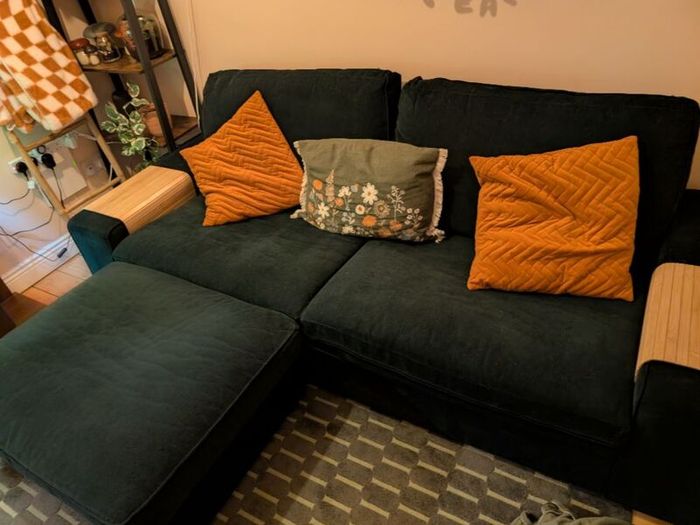 Green 3 seater sofa with matching footrest