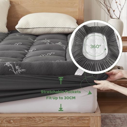 Mattress Topper Double Bed, Soft Quilted Pad for Back Pain Relief, Thick Mattress Topper with Deep Elasticated Pocket (Grey)