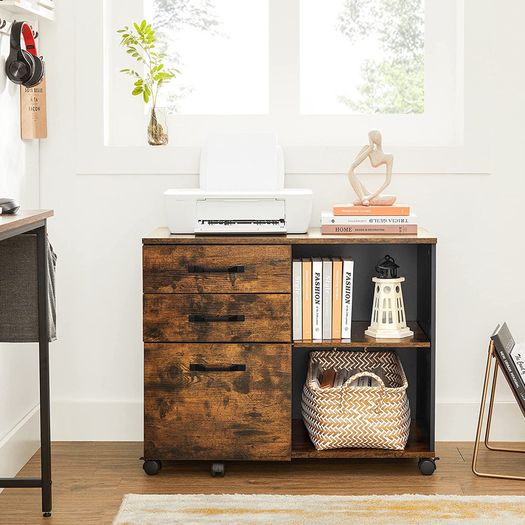 _3-Drawer Unit, Office Storage Unit with Open Compartments, Sideboard, for A4 Format, Documents, Printer Stand, Industrial Style, Rustic Brown and Black