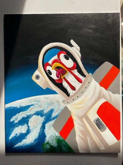 Crazy Space Chicken Original Acrylic Painting