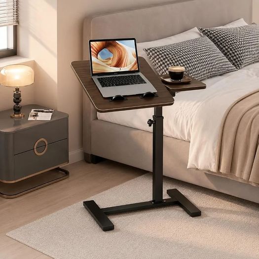Overbed Bedside Table with Wheels, 60x40cm Split Tilting Tabletop, Height Adjustable Bedside Laptop Desk, Sofa Side Tray Table, Rolling C-Shaped Computer Stand for Bed Sofa Hospital Home, Walnut