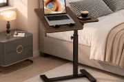 Overbed Bedside Table with Wheels, 60x40cm Split Tilting Tabletop, Height Adjustable Bedside Laptop Desk, Sofa Side Tray Table, Rolling C-Shaped Computer Stand for Bed Sofa Hospital Home, Walnut
