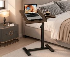 Overbed Bedside Table with Wheels, 60x40cm Split Tilting Tabletop, Height Adjustable Bedside Laptop Desk, Sofa Side Tray Table, Rolling C-Shaped Computer Stand for Bed Sofa Hospital Home, Walnut