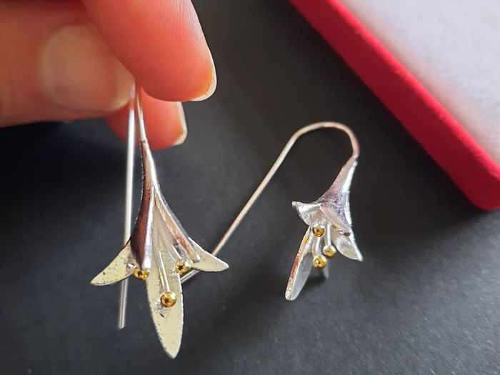 Fuchsia Flower Earrings Silver and Gold Tone Floral Drops Dangle Earrings