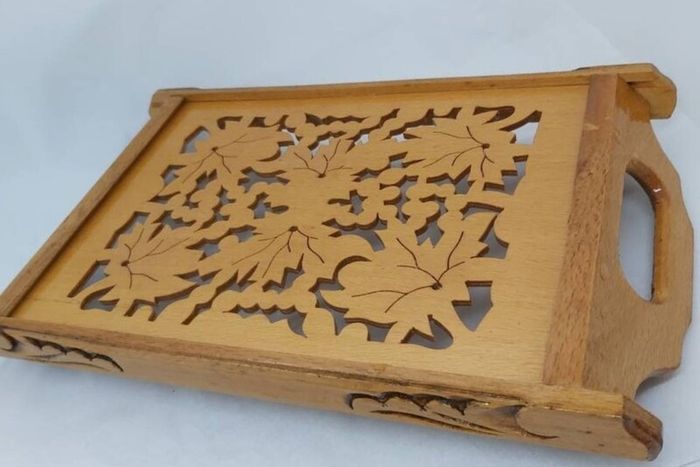 Antique Wood Tray With Carved Leaf Design.