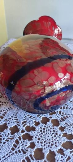 Large Murano Style Vase, Hand Blown Studio Art Glass, Iridescent Red & Gold & dark blue