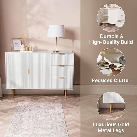 Cream Sideboard Storage Cabinet, Decorative Ribbed Wooden Buffet Storage Cabinet with 2 Doors and 3 Drawers Living Room Hallway Kitchen Sideboard, 120 x 40 x 77cm