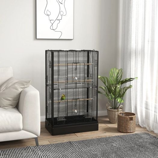 Bird Cage with Removable Tray and Perches, Aviary for Parrots, 61x36.5x98 cm, Black