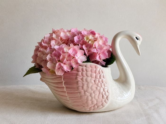 Vintage Style Pink & White Ceramic Swan Planter Vase 21cm