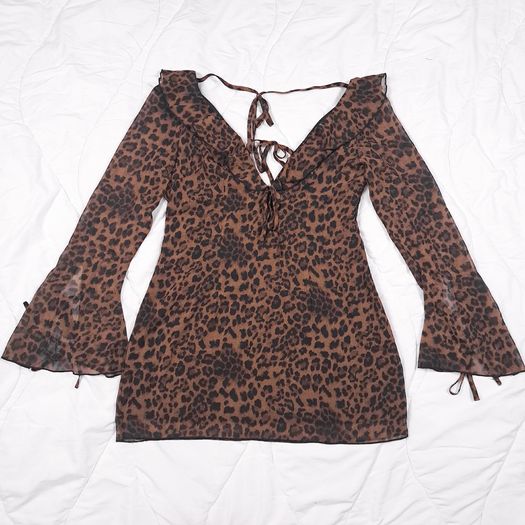Boohoo Brown Black Leopard Y2K Grunge Tie Front V Neck Flared Mini Dress 16UK/44EU
