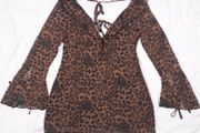 Boohoo Brown Black Leopard Y2K Grunge Tie Front V Neck Flared Mini Dress 16UK/44EU