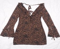 Boohoo Brown Black Leopard Y2K Grunge Tie Front V Neck Flared Mini Dress 16UK/44EU