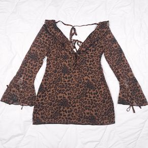Boohoo Brown Black Leopard Y2K Grunge Tie Front V Neck Flared Mini Dress 16UK/44EU