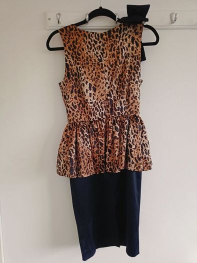 Leopard Print and Black Dress with Peplum Detail and Bow