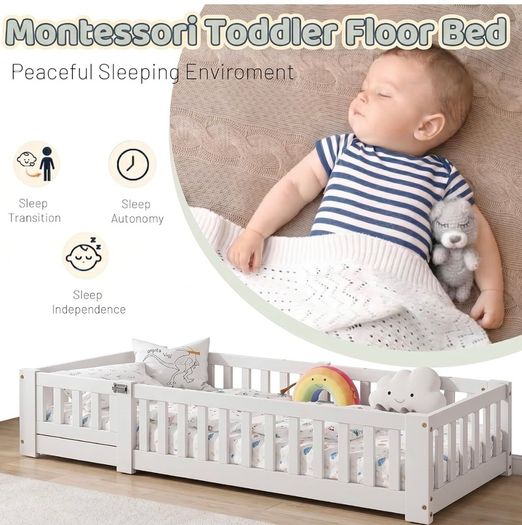 190x90 cm Toddler Floor Bed,3ft Montessori Floor Bed with Rails & Lockable Door,Single Children's Beds for Toddlers,Kids,Fall Protection Including Slatted Frame,White Solid Pine