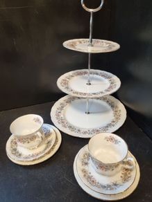 PARAGON "Meadowvale" Fine Bone China 2 Teacup Trio and a Cake Stand
