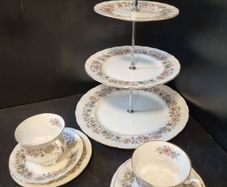 PARAGON "Meadowvale" Fine Bone China 2 Teacup Trio and a Cake Stand