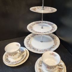 PARAGON "Meadowvale" Fine Bone China 2 Teacup Trio and a Cake Stand
