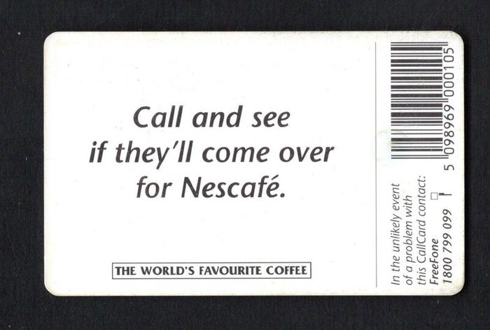 1997 Ireland 10 unit Nescafe coffee. The slogan "Call and see if they'll come over for Nescafe"(Gemplus GEM1) Call Card Used