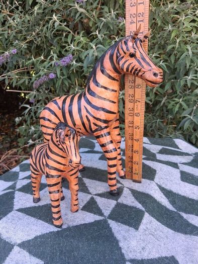 Mid Century Leather 11 Inch Zebra and Foal (Handpainted )