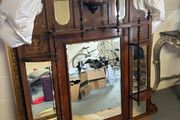 Large Victorian Aesthetic Movement Oak Overmantel Mirror with Shelves &amp; Marquetry Inlay c.1880
