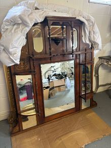 Large Victorian Aesthetic Movement Oak Overmantel Mirror with Shelves & Marquetry Inlay c.1880